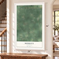 Merritt, Michigan map, 24 x 36 inch print in a white frame by a staircase