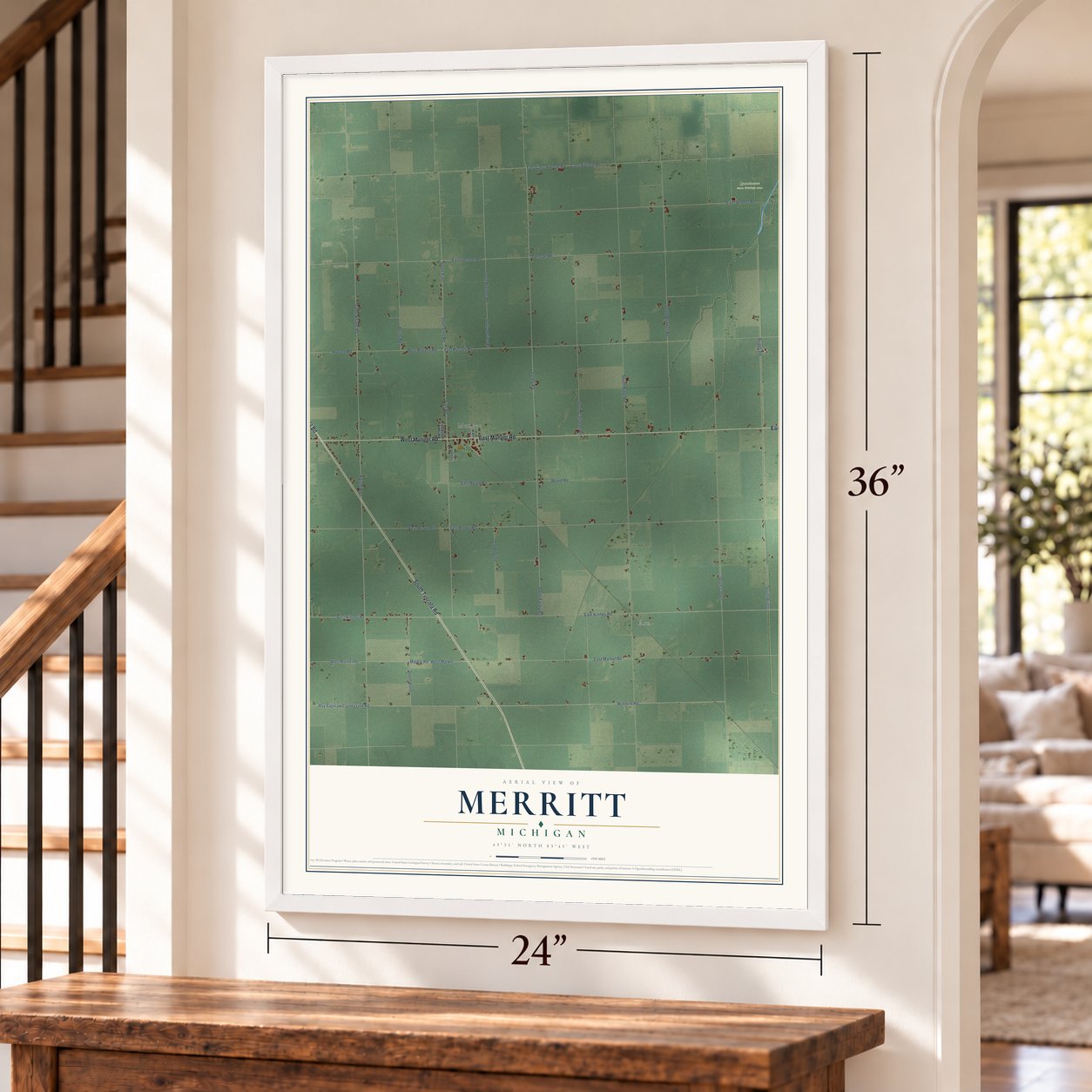 Merritt, Michigan map, 24 x 36 inch print in a white frame by a staircase