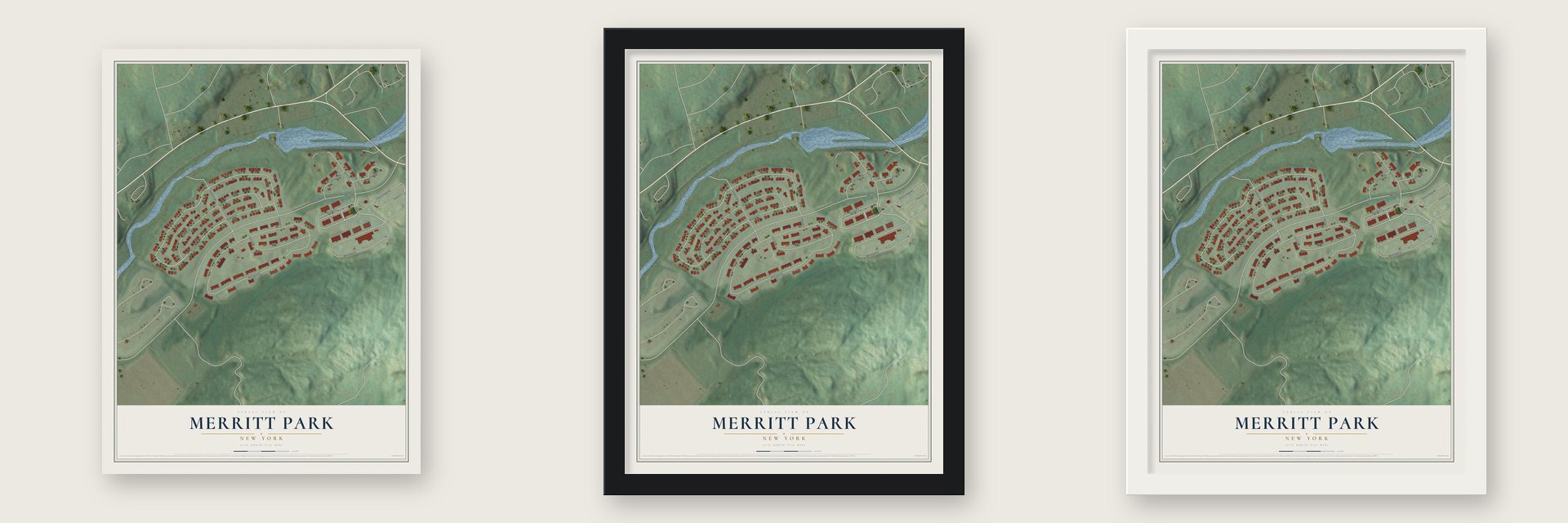 Merritt Park, New York map unframed, in a black wood frame and in a white wood frame