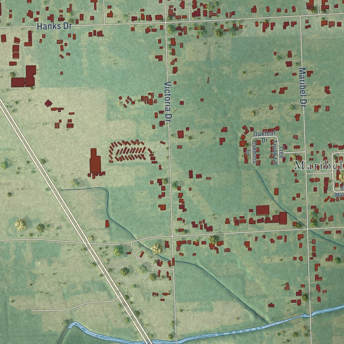 Second close-up of the map of Merrydale, Louisiana print showing more streets and buildings