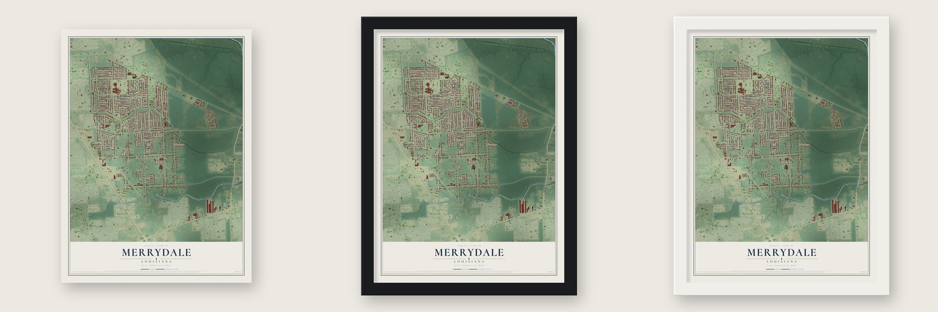 Merrydale, Louisiana map unframed, in a black wood frame and in a white wood frame