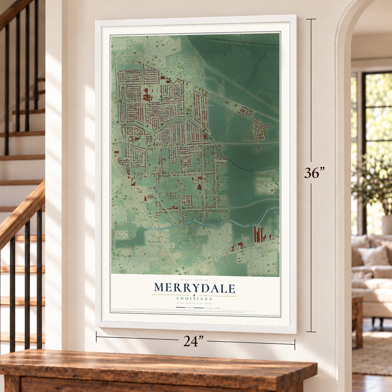 Merrydale, Louisiana map, 24 x 36 inch print in a white frame by a staircase