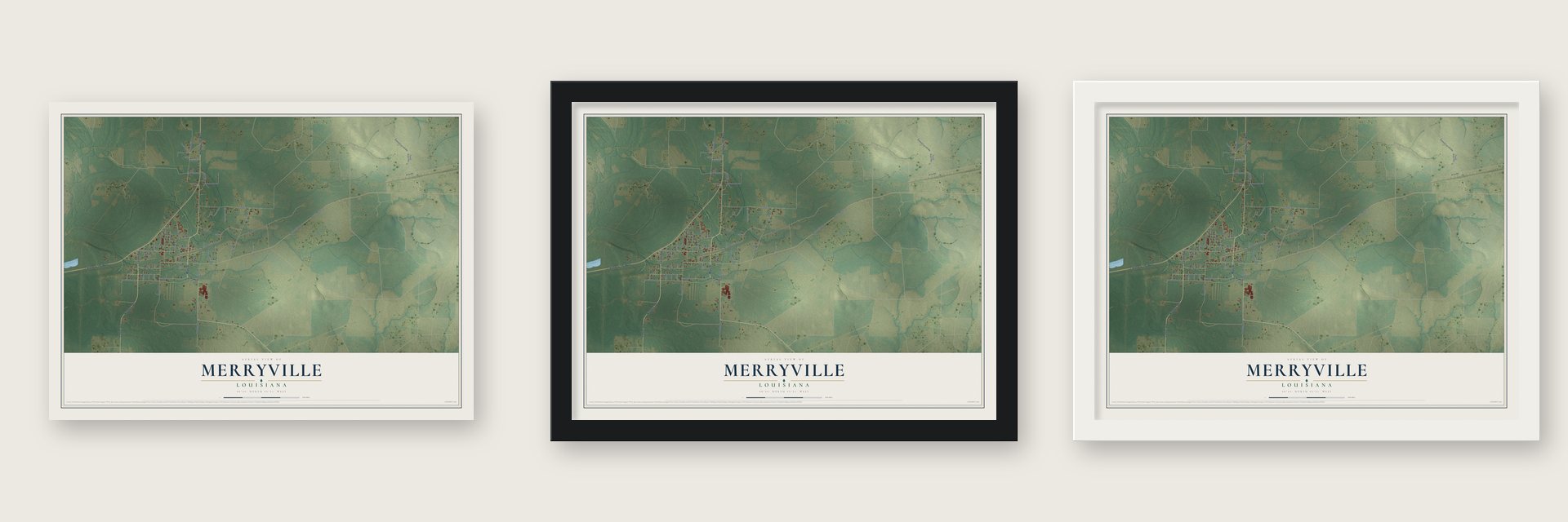 Merryville, Louisiana map unframed, in a black wood frame and in a white wood frame