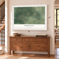 Merryville, Louisiana map, 24 x 36 inch print in a white frame above a dresser by a staircase