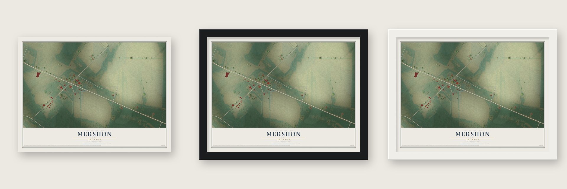 Mershon, Georgia map unframed, in a black wood frame and in a white wood frame