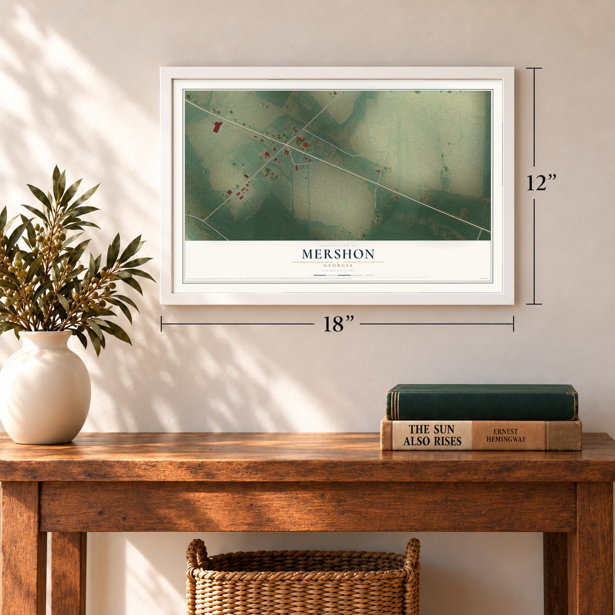 Mershon, Georgia map, 12 x 18 inch print in a white frame in an entryway