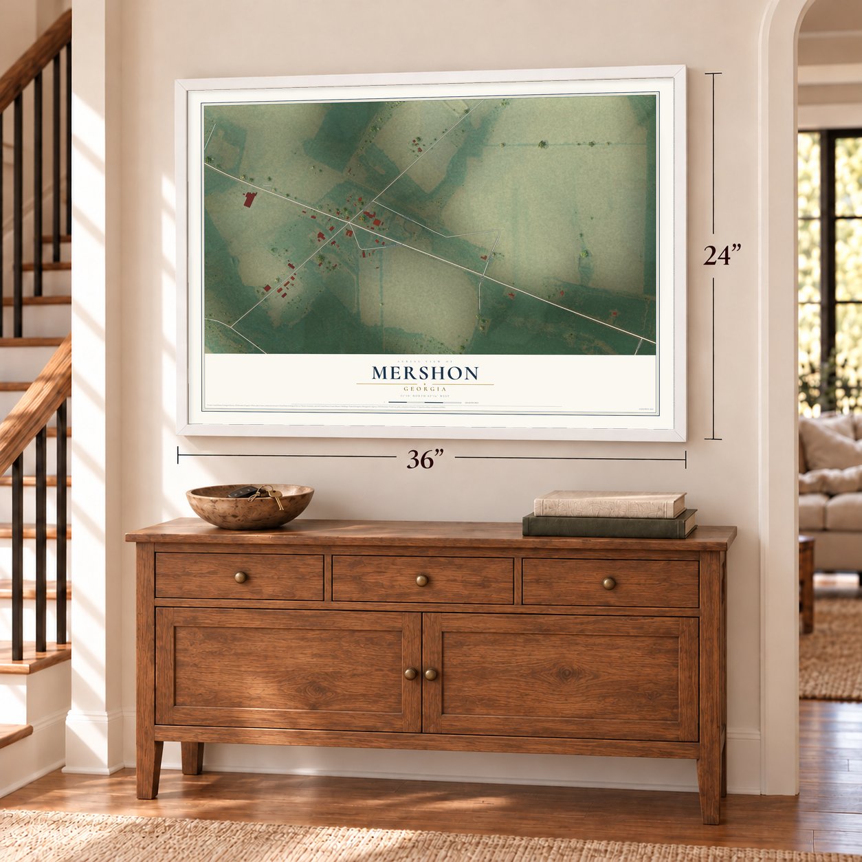 Mershon, Georgia map, 24 x 36 inch print in a white frame above a dresser by a staircase