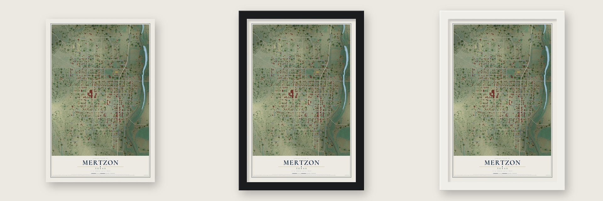 Mertzon, Texas map unframed, in a black wood frame and in a white wood frame