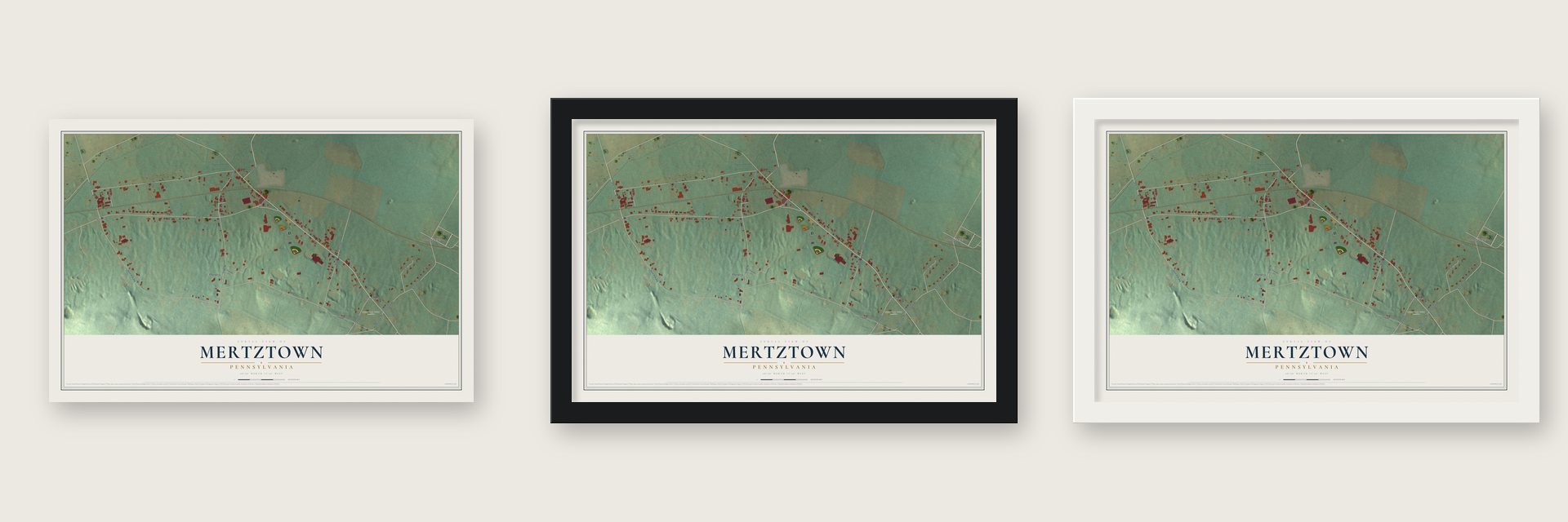 Mertztown, Pennsylvania map unframed, in a black wood frame and in a white wood frame