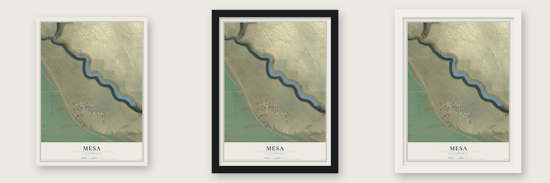 Mesa, California map unframed, in a black wood frame and in a white wood frame