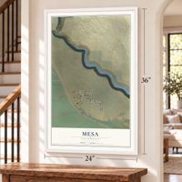 Mesa, California map, 24 x 36 inch print in a white frame by a staircase