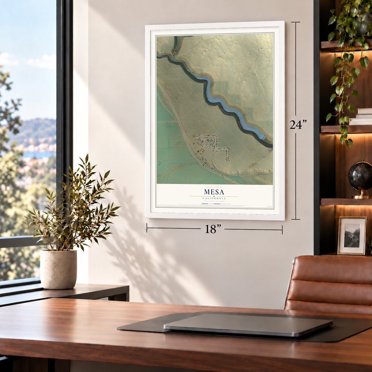 Mesa, California map, 18 x 24 inch print in a white frame in a home office