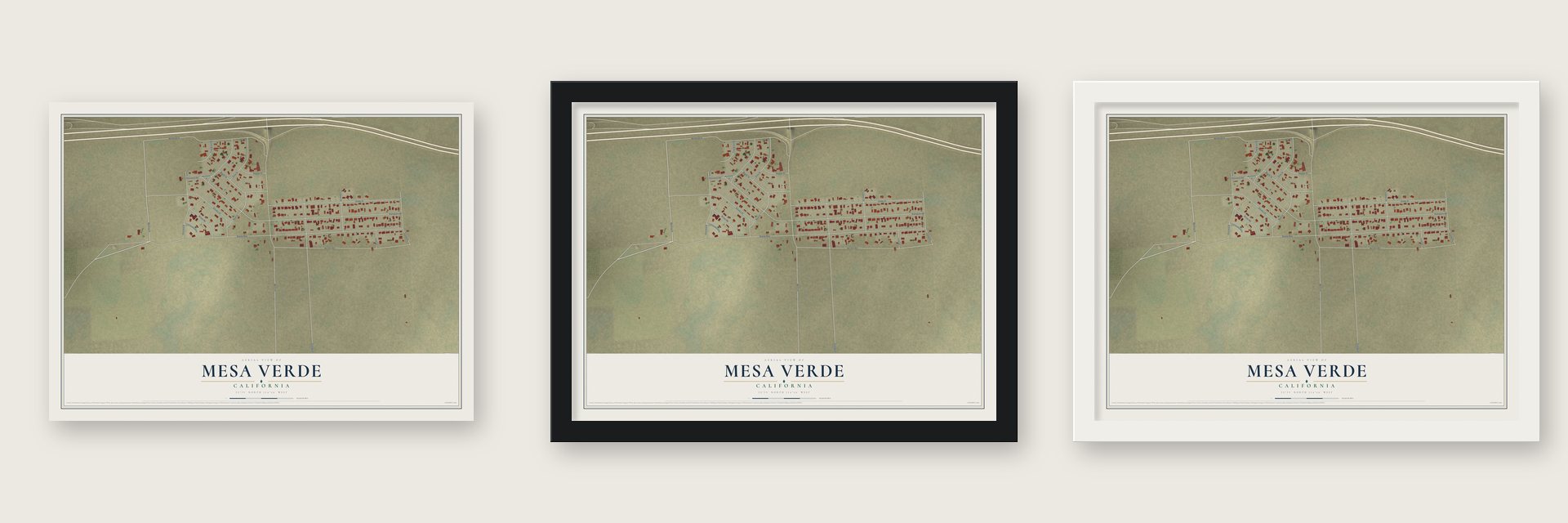 Mesa Verde, California map unframed, in a black wood frame and in a white wood frame