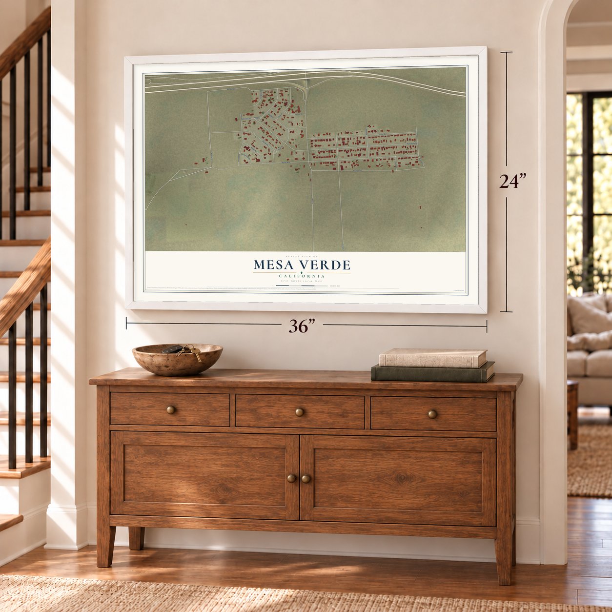 Mesa Verde, California map, 24 x 36 inch print in a white frame above a dresser by a staircase