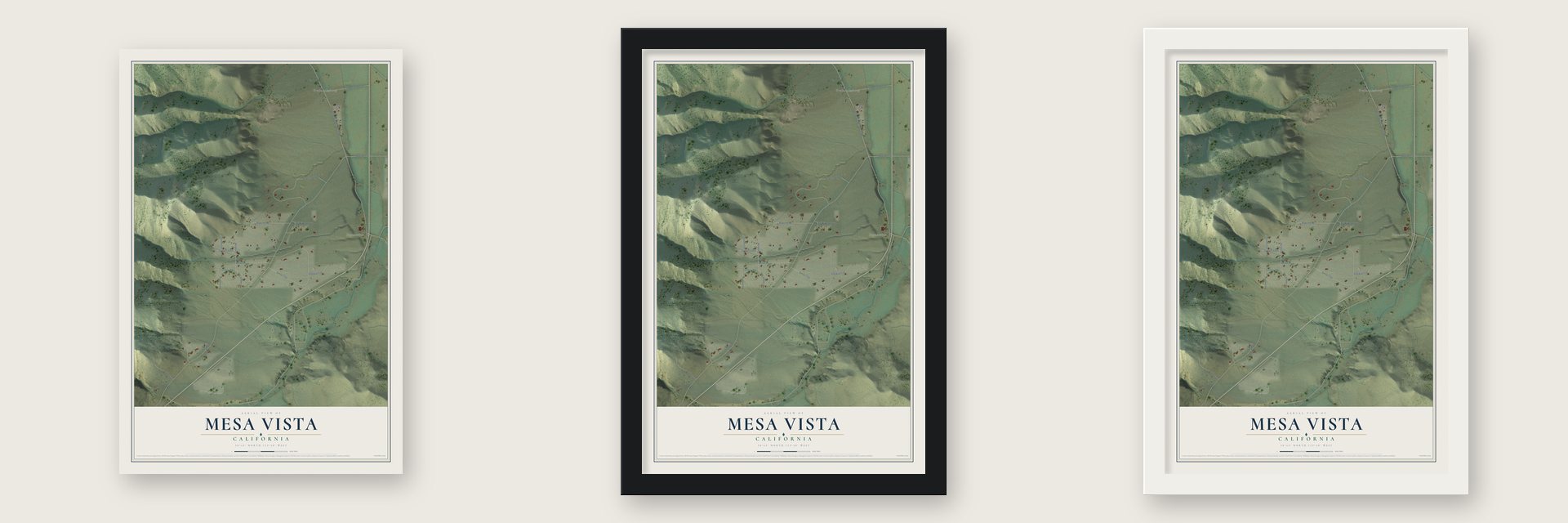 Mesa Vista, California map unframed, in a black wood frame and in a white wood frame