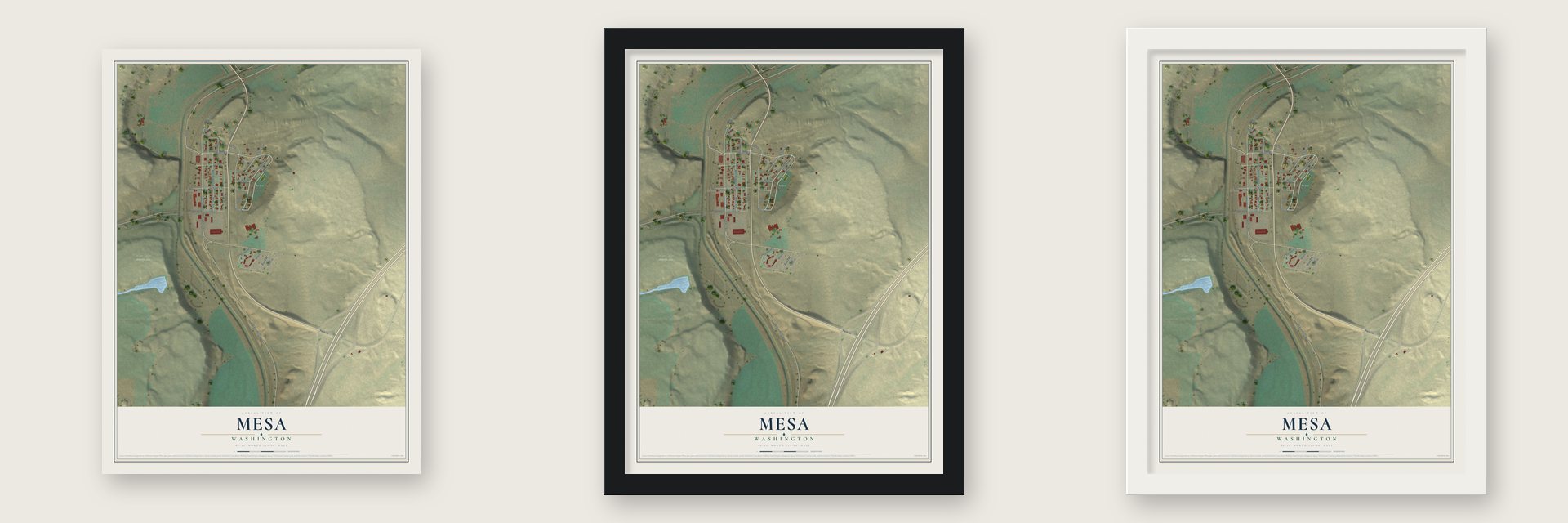 Mesa, Washington map unframed, in a black wood frame and in a white wood frame