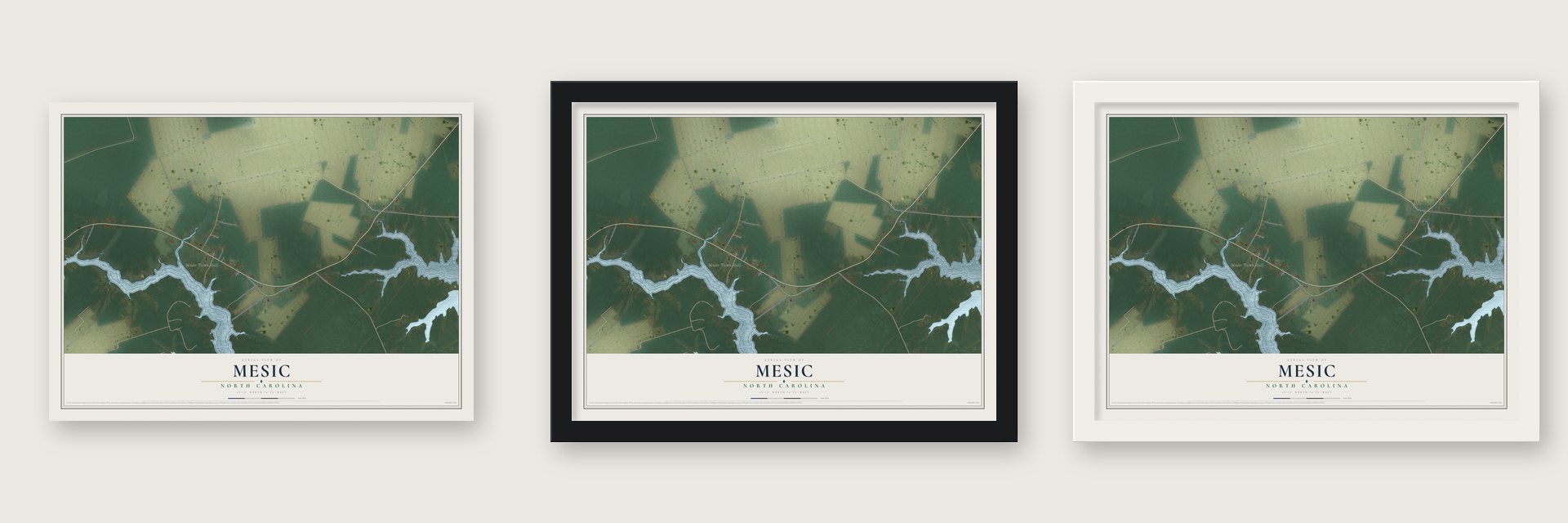 Mesic, North Carolina map unframed, in a black wood frame and in a white wood frame