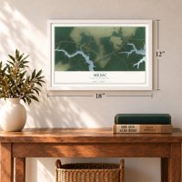 Mesic, North Carolina map, 12 x 18 inch print in a white frame in an entryway