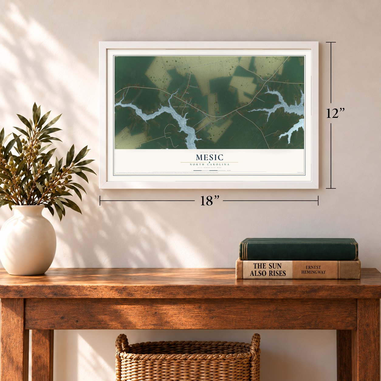 Mesic, North Carolina map, 12 x 18 inch print in a white frame in an entryway