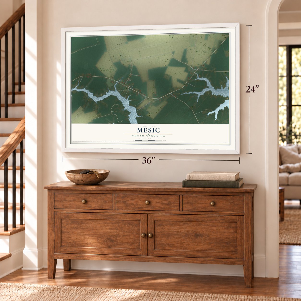 Mesic, North Carolina map, 24 x 36 inch print in a white frame above a dresser by a staircase