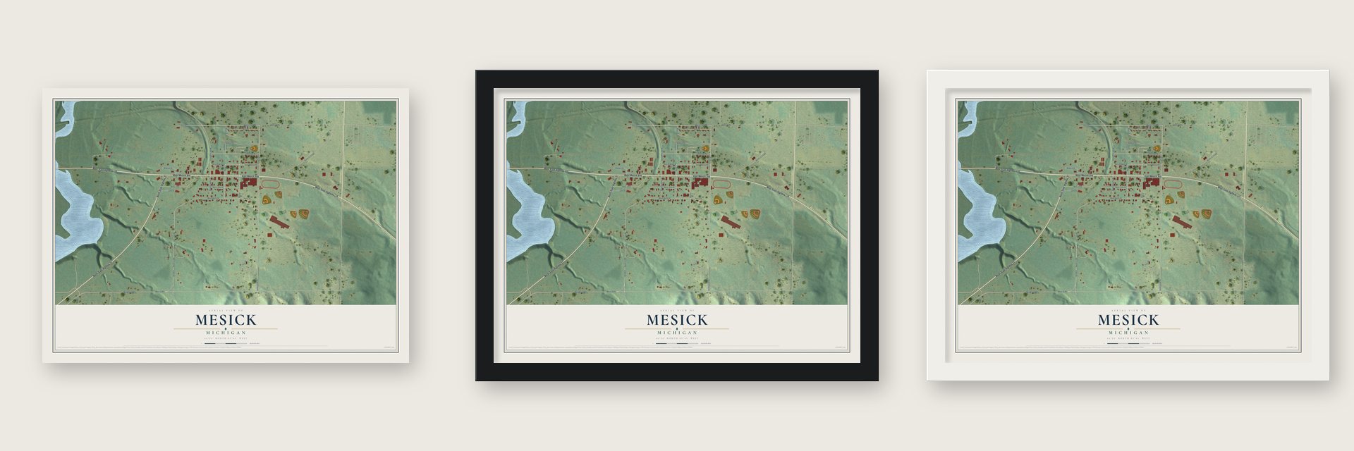 Mesick, Michigan map unframed, in a black wood frame and in a white wood frame