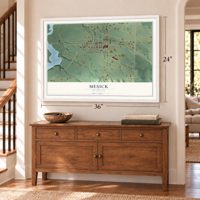 Mesick, Michigan map, 24 x 36 inch print in a white frame above a dresser by a staircase