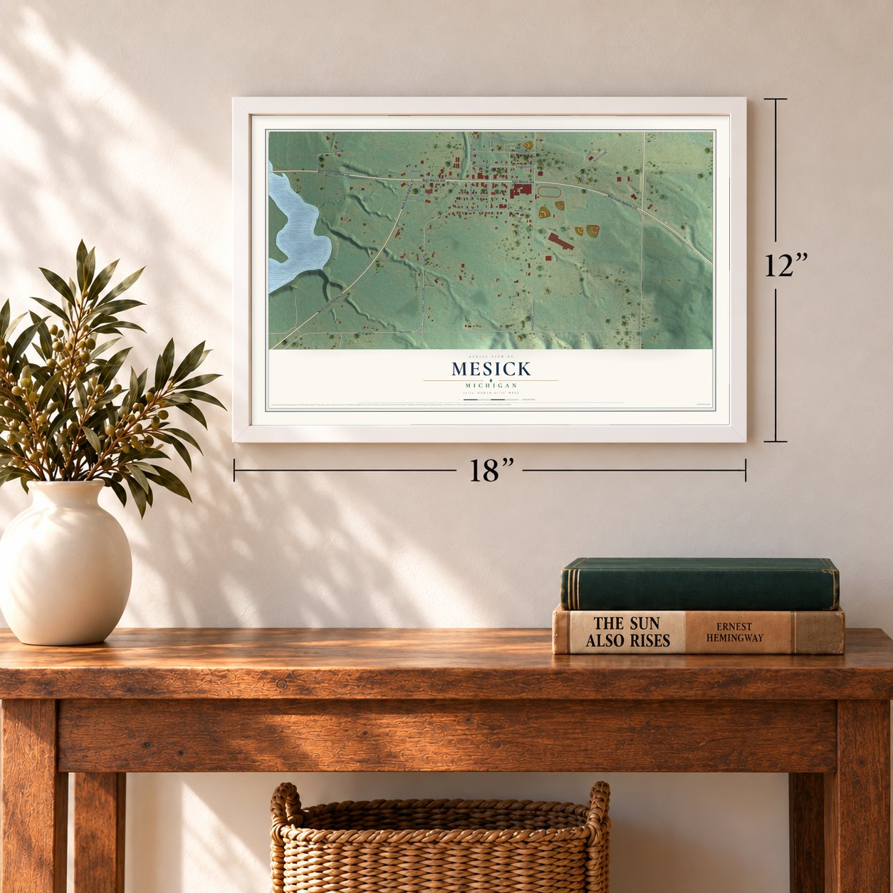 Mesick, Michigan map, 12 x 18 inch print in a white frame in an entryway