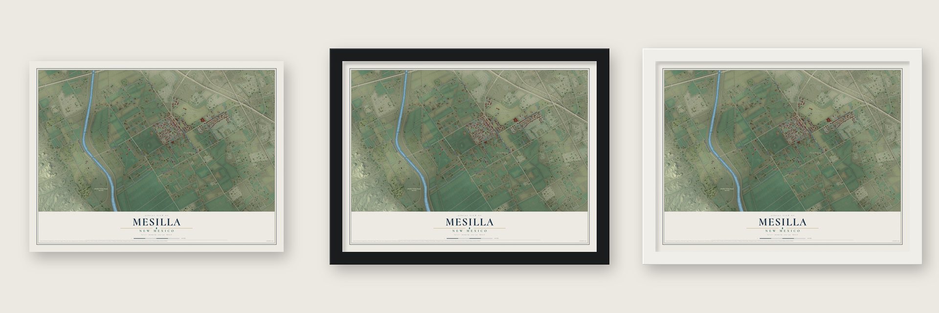 Mesilla, New Mexico map unframed, in a black wood frame and in a white wood frame