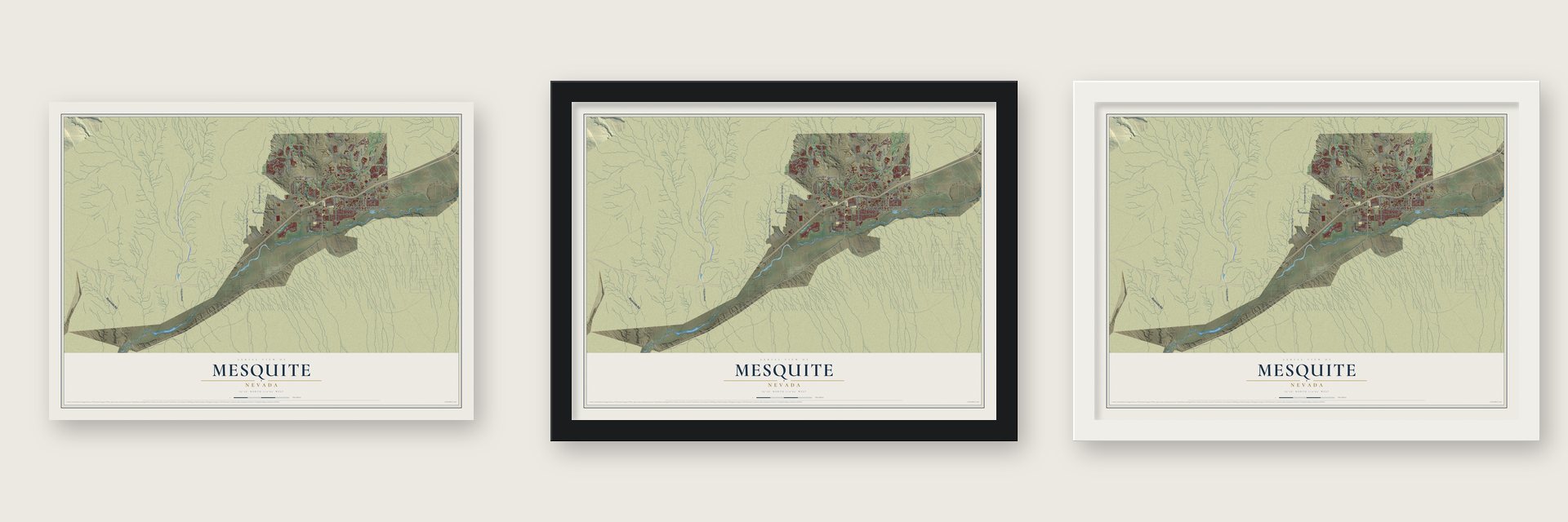 Mesquite, Nevada map unframed, in a black wood frame and in a white wood frame