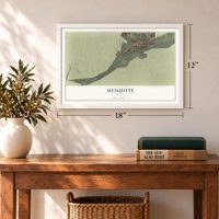Mesquite, Nevada map, 12 x 18 inch print in a white frame in an entryway