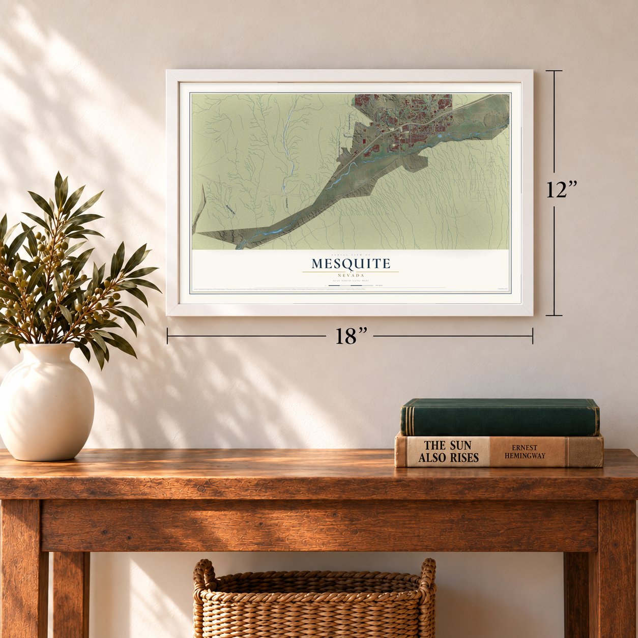 Mesquite, Nevada map, 12 x 18 inch print in a white frame in an entryway