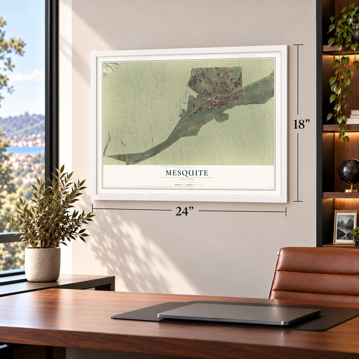 Mesquite, Nevada map, 18 x 24 inch print in a white frame in a home office