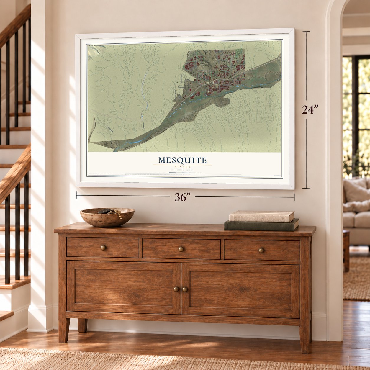 Mesquite, Nevada map, 24 x 36 inch print in a white frame above a dresser by a staircase