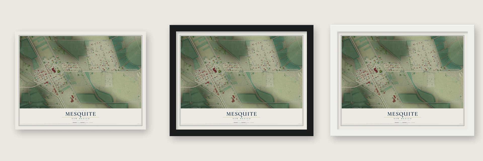 Mesquite, New Mexico map unframed, in a black wood frame and in a white wood frame