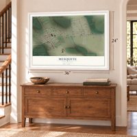 Mesquite, New Mexico map, 24 x 36 inch print in a white frame above a dresser by a staircase
