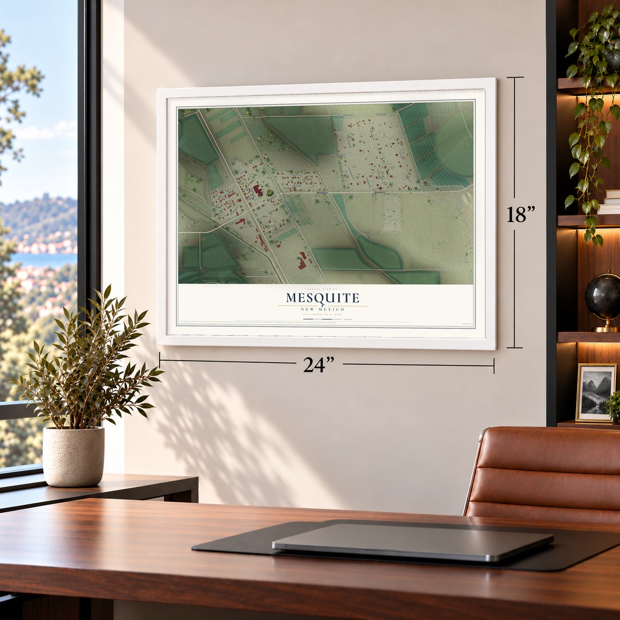 Mesquite, New Mexico map, 18 x 24 inch print in a white frame in a home office