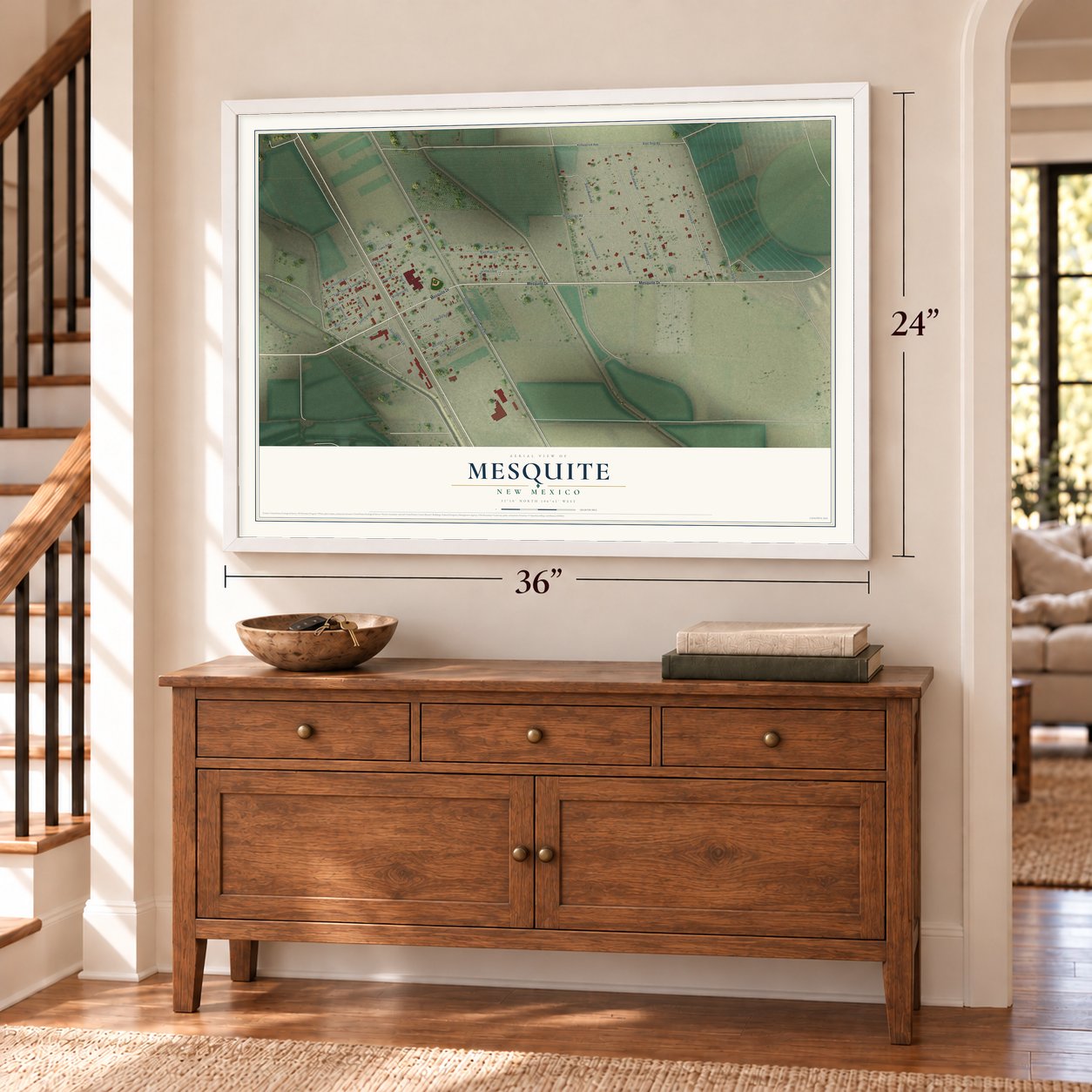 Mesquite, New Mexico map, 24 x 36 inch print in a white frame above a dresser by a staircase