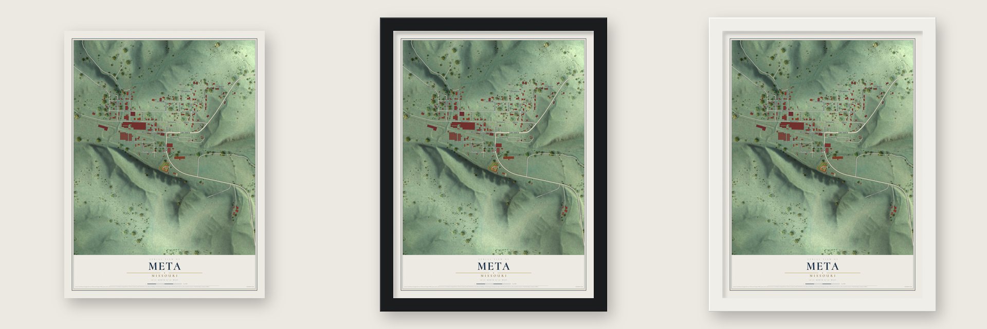 Meta, Missouri map unframed, in a black wood frame and in a white wood frame