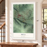 Meta, Missouri map, 24 x 36 inch print in a white frame by a staircase