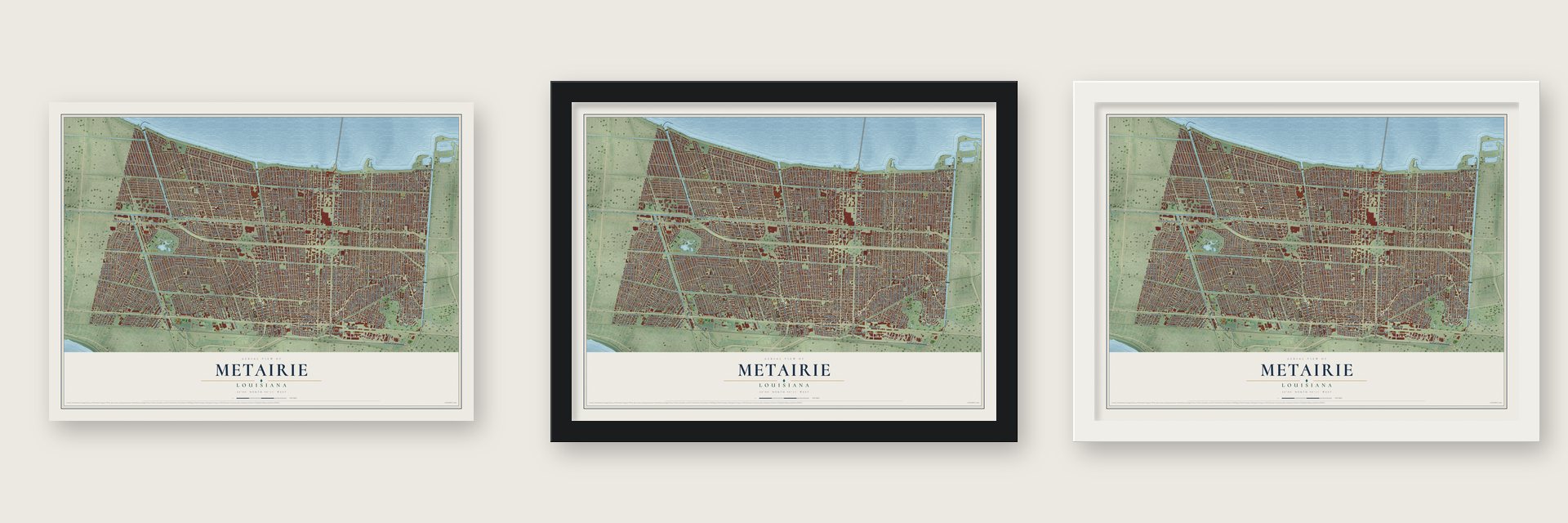 Metairie, Louisiana map unframed, in a black wood frame and in a white wood frame