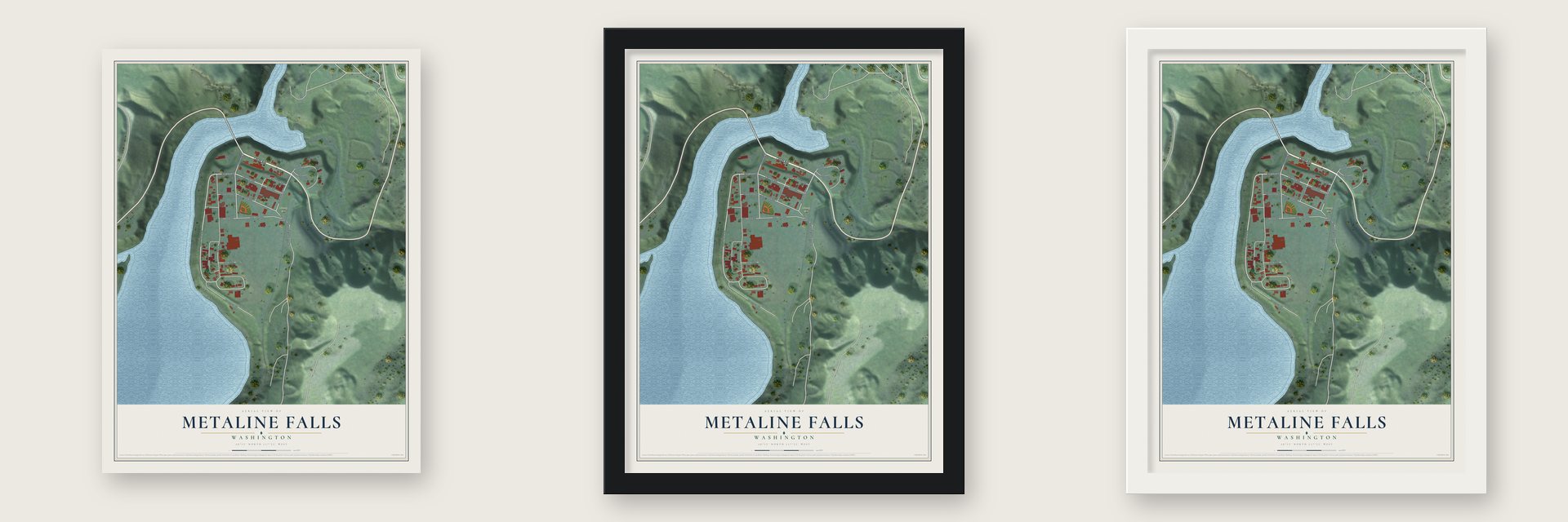 Metaline Falls, Washington map unframed, in a black wood frame and in a white wood frame