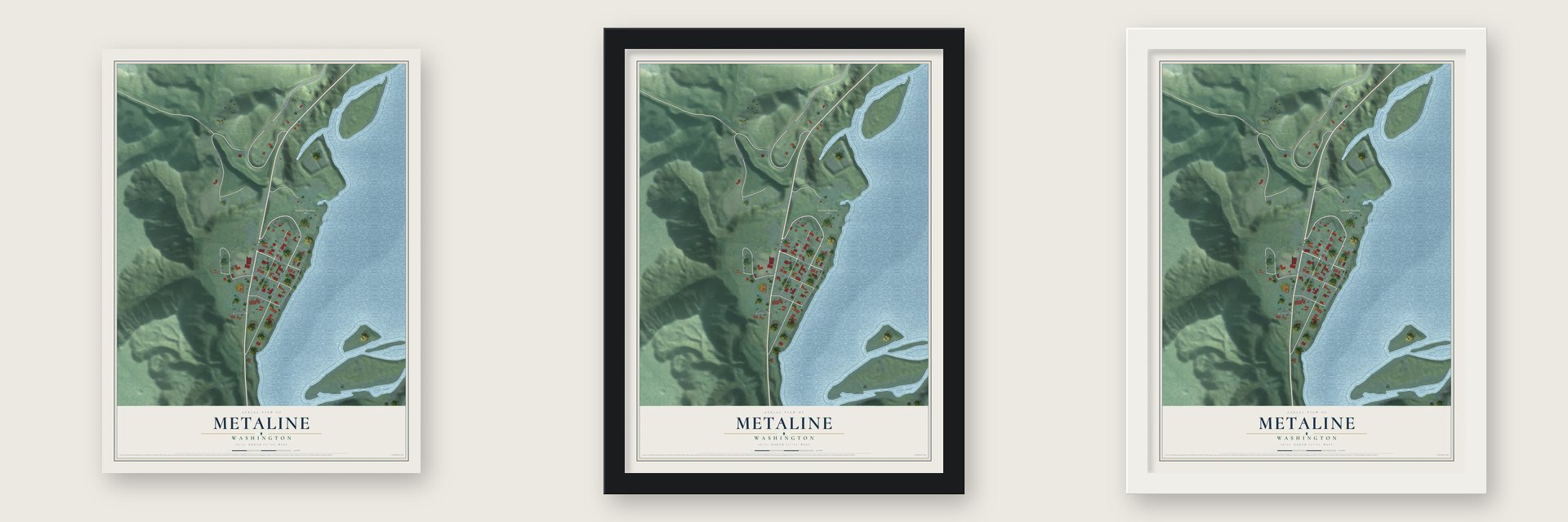Metaline, Washington map unframed, in a black wood frame and in a white wood frame