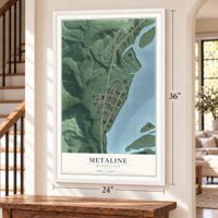 Metaline, Washington map, 24 x 36 inch print in a white frame by a staircase