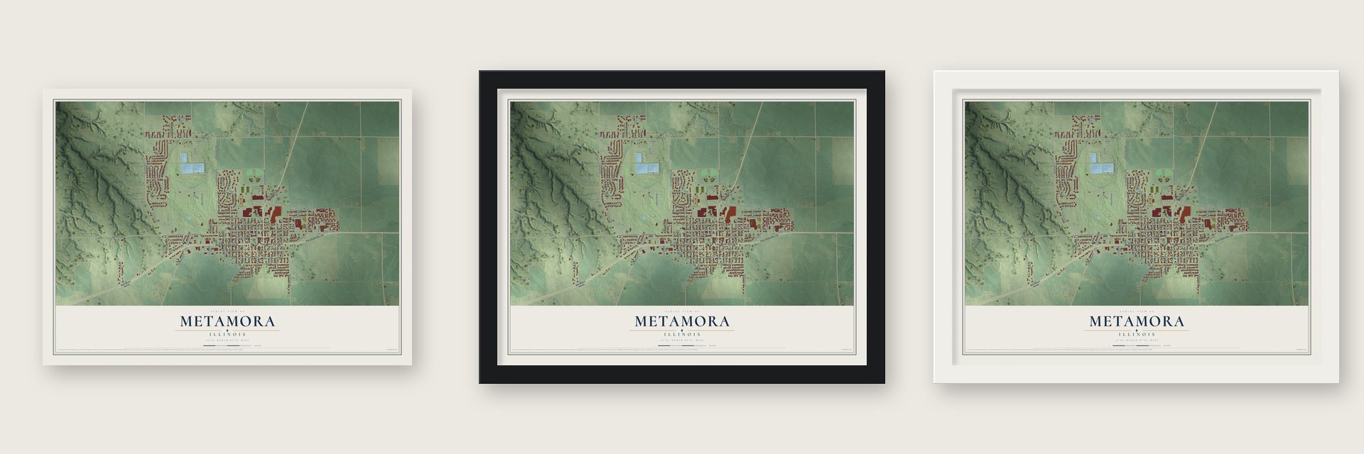 Metamora, Illinois map unframed, in a black wood frame and in a white wood frame
