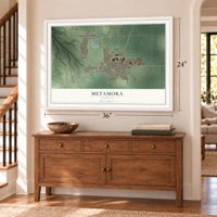 Metamora, Illinois map, 24 x 36 inch print in a white frame above a dresser by a staircase