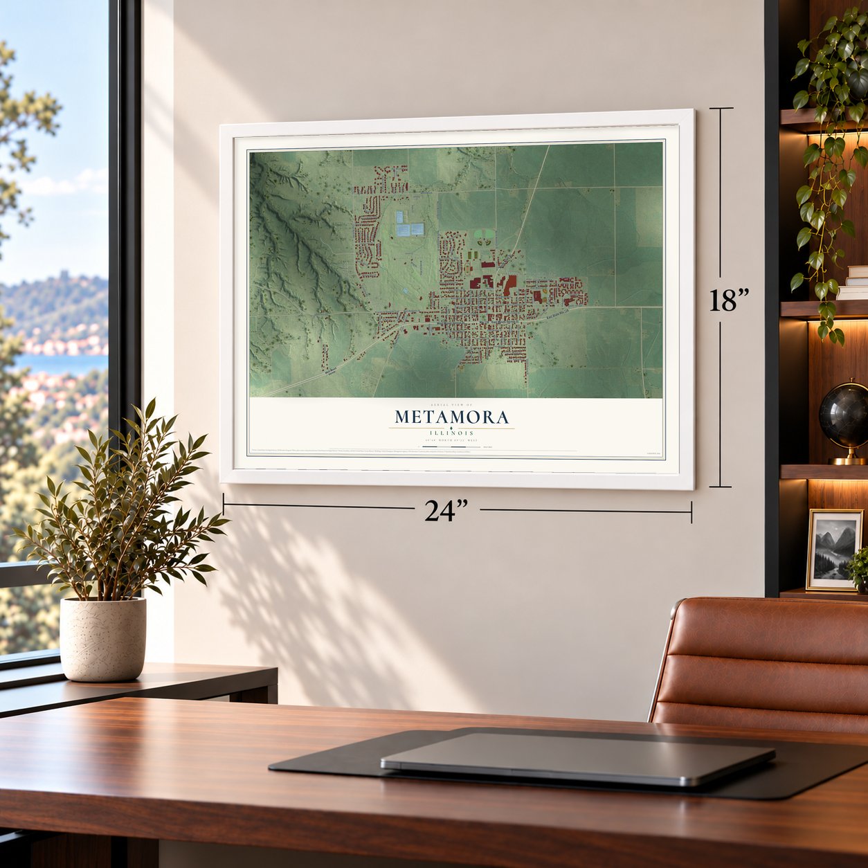 Metamora, Illinois map, 18 x 24 inch print in a white frame in a home office