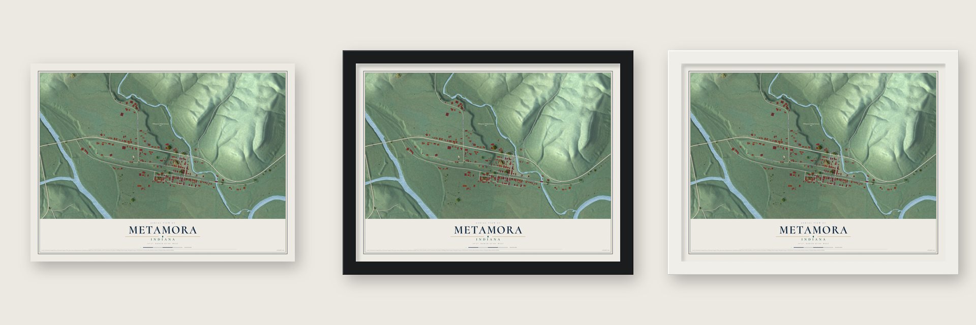 Metamora, Indiana map unframed, in a black wood frame and in a white wood frame