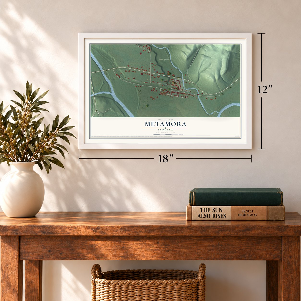Metamora, Indiana map, 12 x 18 inch print in a white frame in an entryway