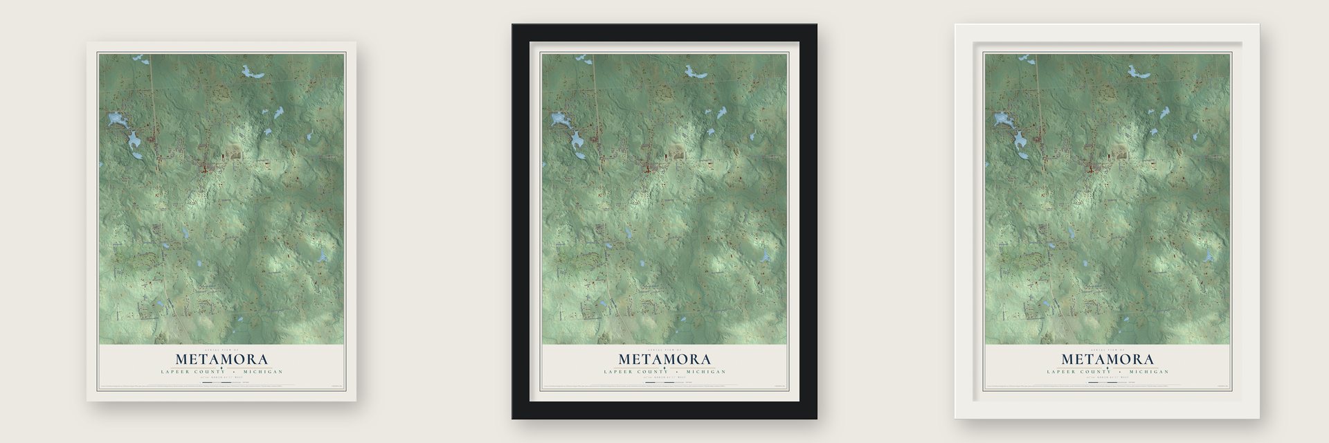 Metamora, Lapeer County, Michigan map unframed, in a black wood frame and in a white wood frame