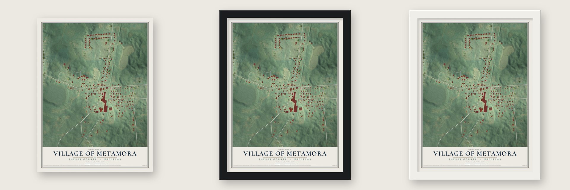 Metamora, Michigan map unframed, in a black wood frame and in a white wood frame